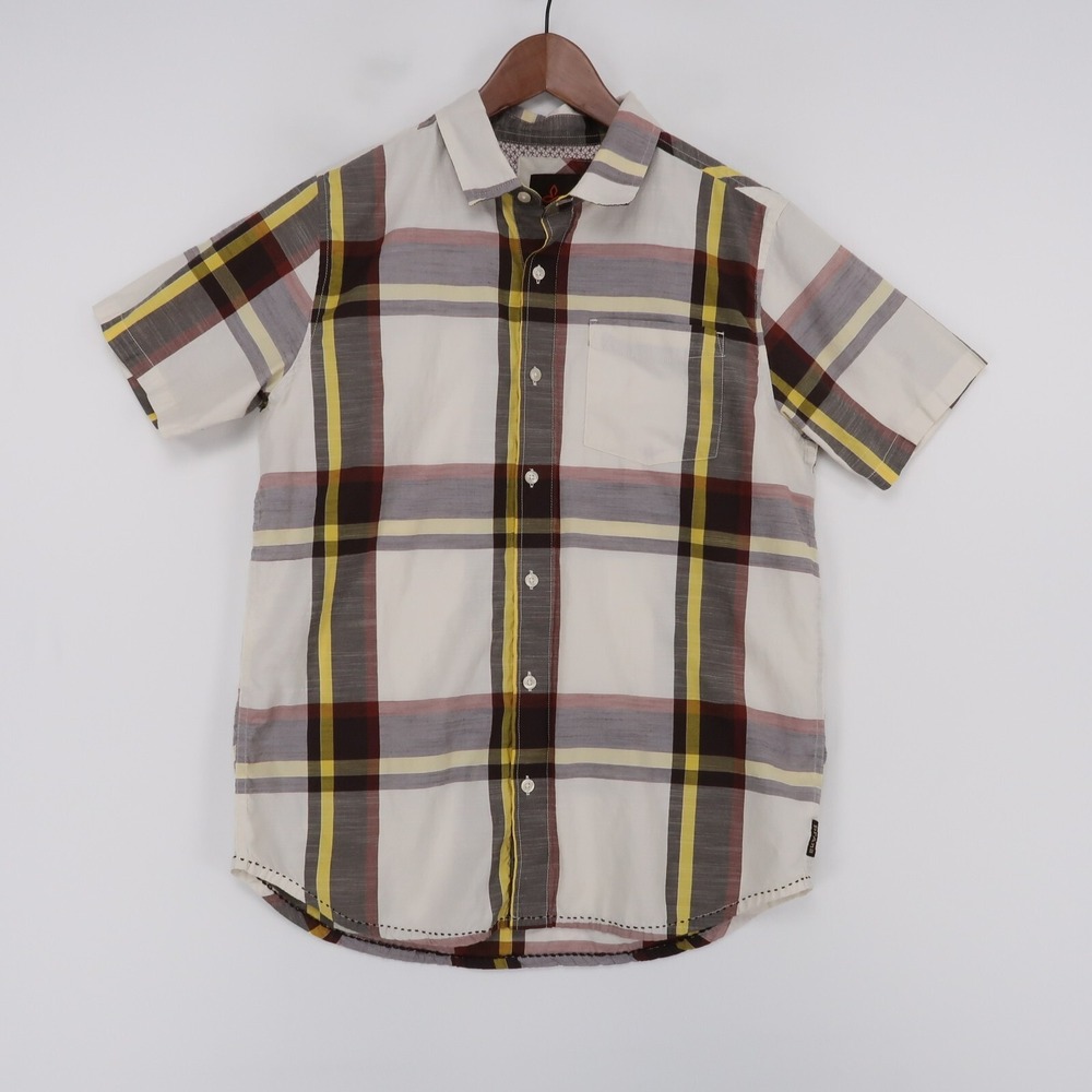 Prana Shirt Mens M White Brown Plaid Short Sleeve Button Up Organic Cotton